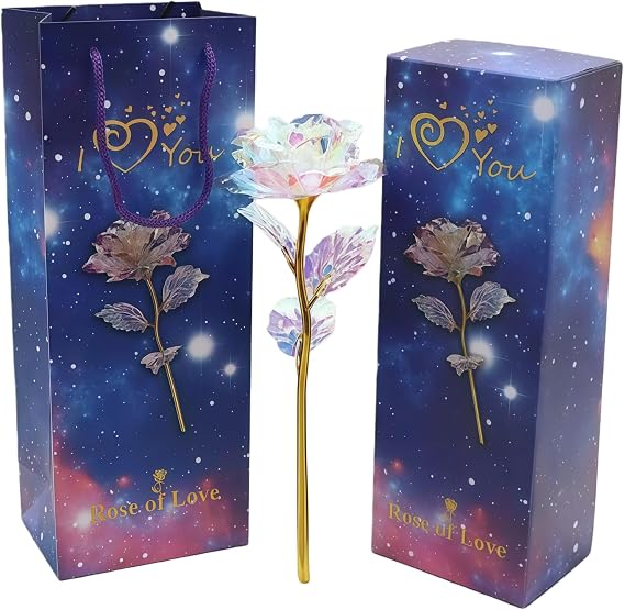 Eternal Flower Rose Colorful and Dazzling Golden Rose Flower Present Golden Foil with Luxury Gift Box, Colorful Rose Artificial Flower Great Gift for Valentine's Day, Birthday, Anniversary