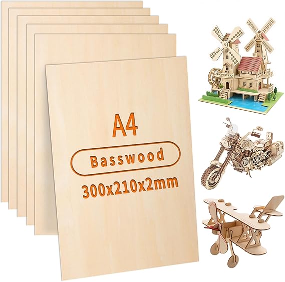 Plywood Sheet 2 mm A4 Basswood 30 x 21 cm Pack of 10 Laser Wood for DIY Pyrography Painting Laser Processing Crafts Model Making Empty Plywood Panels