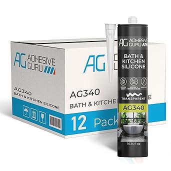 لاصق جورو AG340 واضح سيليكون مانع التسرب (12 x10.14 fl أوقية)، 100% سيليكون السد، مانعة للتسرب مانعة لتسرب الماء ومرنة لاصق للحمام والمطبخ، 12 حزمة