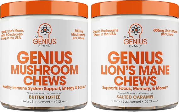 فطر جينيوس - مكمل نباتي لدعم المناعة والتركيز والطاقة + مكمل مضغ ناعم من Genius Lion's Mane