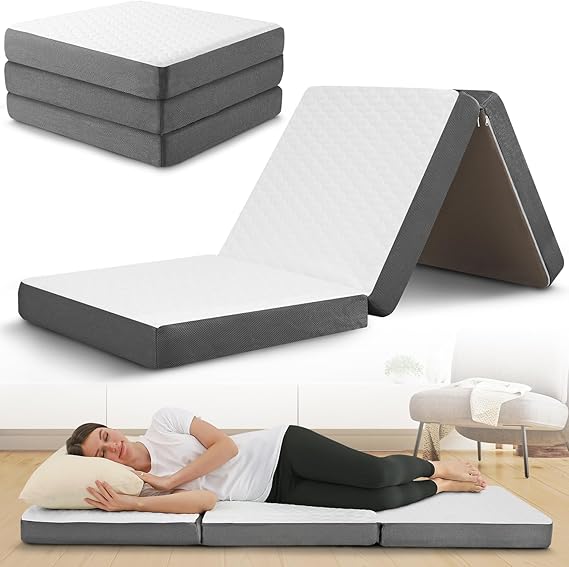 مرتبة قابلة للطي ثلاثية مع طبقة رغوة الذاكرة - مرتبة سرير قابلة للطي بثلاث بوصات مع غطاء قابل للغسل | مفردة مقاس 75 بوصة × 25 بوصة × 4 بوصة مرتبة أرضية تخييم غير قابلة للانزلاق سرير ضيف مثالي