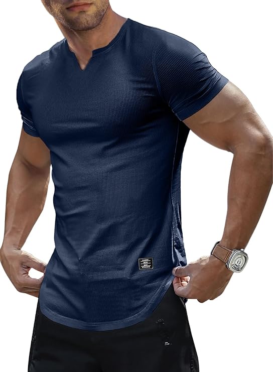 تي شيرت JMIERR للرجال Muscle Slim Tshirts Texture V Neck Longline Henley Gym Workout Athletic Tee Shirt