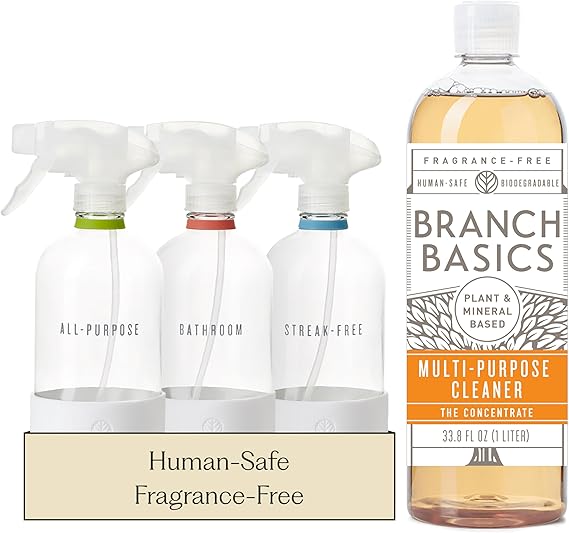 Branch Basics Cleaning Essentials Kit: All Purpose, Glass and Bathroom Cleaner - Concentrate (33.8 Oz) (24 Refills) + Refillable Glass Spray Bottles (16 Oz) Plant Based, Human-Safe, Fragrance Free