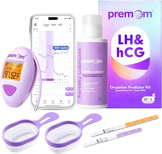 مقياس حرارة الجسم القاعدي الذكي Premom EBT-380 + 25 LH + 5 شرائط HCG + 2 كوب بول + 2oz جل الخصوبة