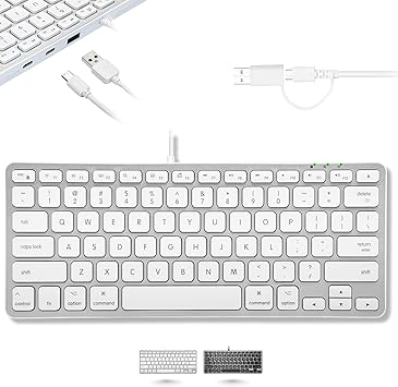 لوحة مفاتيح Macally صغيرة لنظام التشغيل Mac مع USB Hub (3 منافذ) - سلكية 2 في 1 USB C + قابس - وفر مساحة مع لوحة مفاتيح متوافقة مع Apple (تخطيط 78 مفتاحًا) - فضي