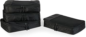 مجموعة مكعبات التعبئة والتغليف المكونة من 4 قطع من Amazon Essentials، منظم الأمتعة بسحاب مزدوج، سطح شبكي، موفر للمساحة، متوسط الحجم، أسود، أساسيات Amazon سابقًا
