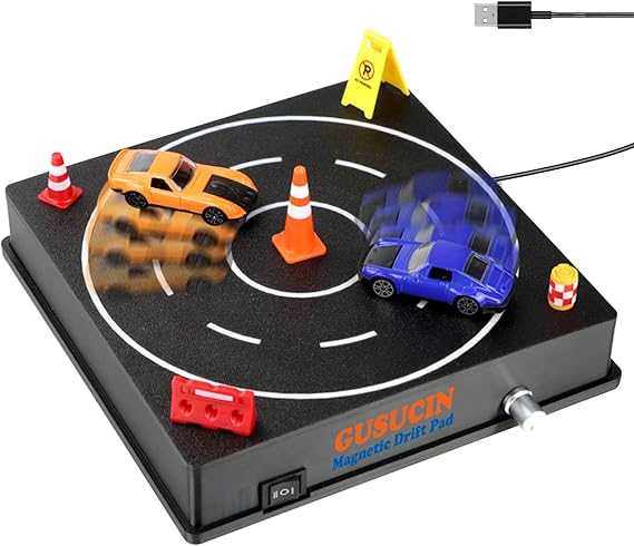 Magnetic Drift Pad for Hot Wheels Cars 1:64 Spinning Drift Track with Adjustable Speed & Direction, USB Powered Drift Pad with 5 Decorations, Display Stand for All 1:64 Scale Diecast Cars (Black)
