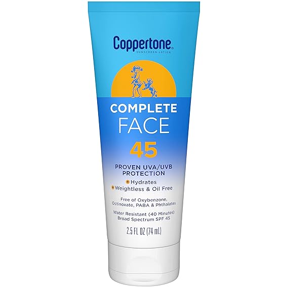 Coppertone Complete Face Sunscreen Lotion SPF 45 ، خالي من الوزن وخالي من الزيت ، مقاوم للماء مع حماية UVA / UVB مثبتة ، 2.5 Fl Oz Tube