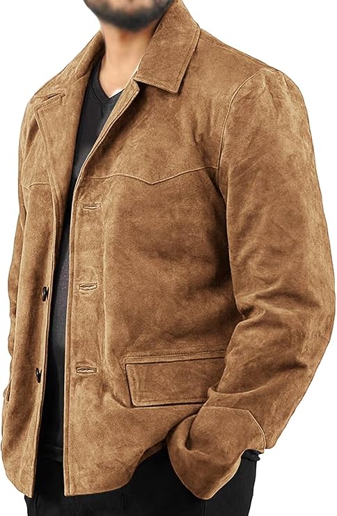 Mens Suede Jacket Sport Coat Single Breasted Casual Blazer with Flap Pockets
