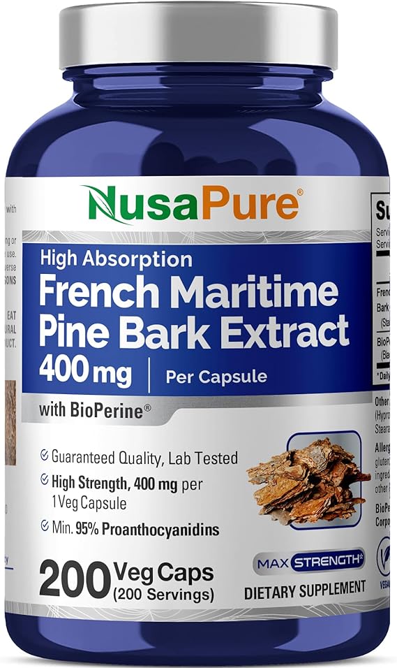 NusaPure French Maritime Pine Bark Extract 400mg per Veggie Caps 200-Day Supply Bioperine غير GMO نباتي