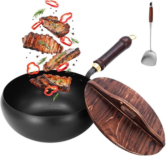 Handmade Hammered Large Belly Pot, 9.4/10.2/11 Inch Cast Iron Pan, Hand-Forged Non-stick Iron Pan Without Coating for Gas Stove Induction Cooker (Glossy surface + wooden cover, 9inch)