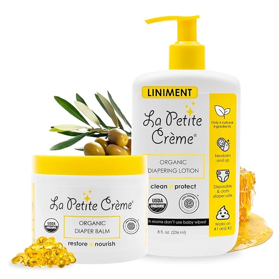 لوشن الحفاضات الفرنسي الفاخر La Petite Creme (8 أونصة) وبلسم الحفاضات العضوي (4 أونصة) - كريم حفاضات علاجي ومغذي، لوشن مرهم لطيف وآمن للأطفال - معتمد من وزارة الزراعة الأمريكية وEWG - أساسيات الأطفال