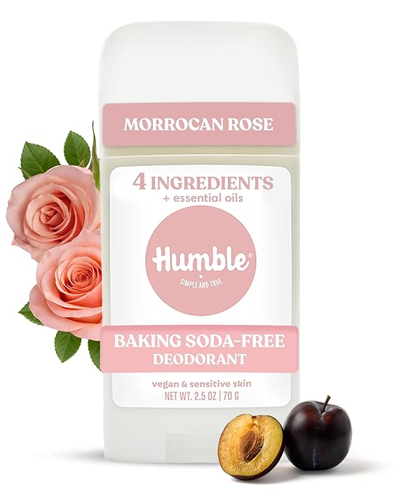 Humble Aluminum-Free Deodorant for Women & Men, Moroccan Rose - Baking Soda-Free Natural Deodorant Stick for Sensitive Skin with Essential Oils for Long-Lasting Odor Control, 2.5 Oz