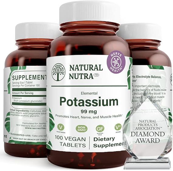 مكمل غذائي Natural Nutra Elemental Potassium Gluconate 99 mg يعزز الطاقة ويساعد على تقوية الجهاز العصبي ويعزز صحة القلب وتنظيم المعادن ووظيفة العضلات - 100 قرص نباتي