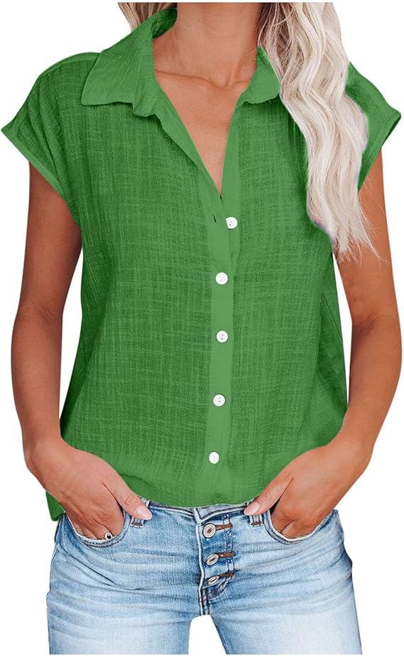 Summer Tops for Women 2026 Trendy Cotton Linen Button Down Shirts Dressy Cap Sleeve Collared Business Casual Blouses