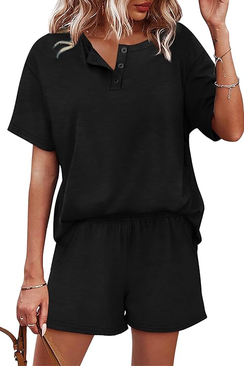 WIHOLL 2 Piece Sets for Women Lounge Sets Summer Outfits 2026 Button Down Short Sleeve Tops and Shorts Set with Pockets