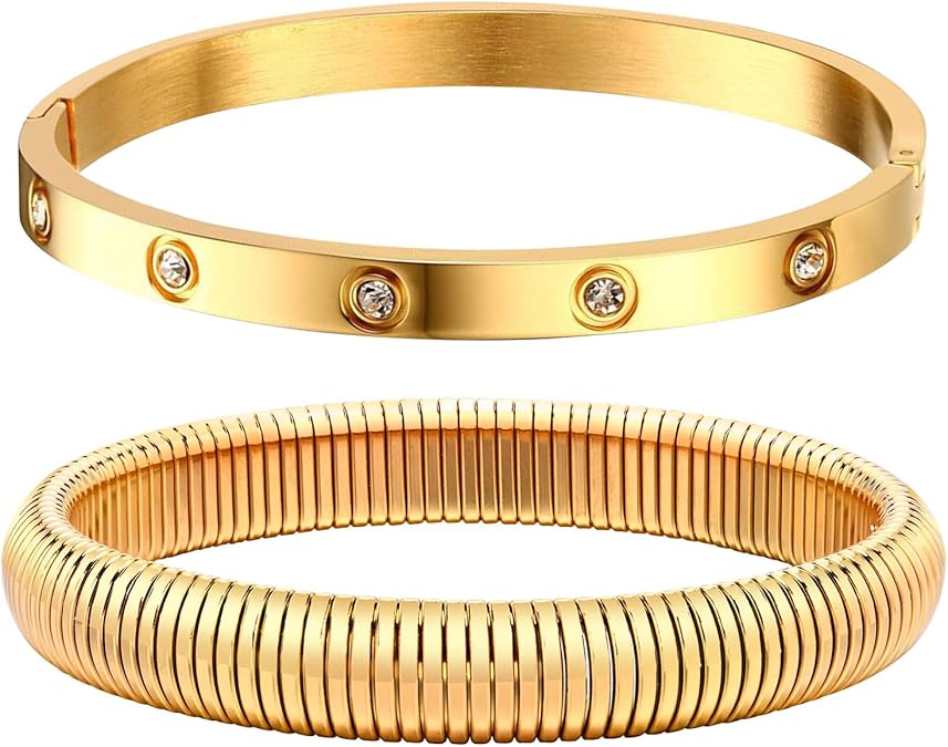 MPRAINBOW Gold Bracelets for Women, 2Pcs 18K Gold Plated Cubic Zirconia Bangle Crystal Friendship Bracelet Jewelry,Wedding Party Christmas Birthday Gift for Girlfriend Sister Daughter