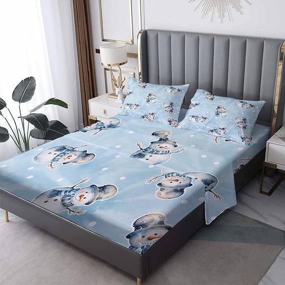 طقم ملاءات Twin XL للأطفال من Snowman Sheets، ملاءات سرير للعطلات الشتوية، ديكور غرفة نوم لأغطية عيد الميلاد، ملاءة جيب عميقة من الألياف الدقيقة الناعمة وملاءة مسطحة وغطاء وسادة واحد