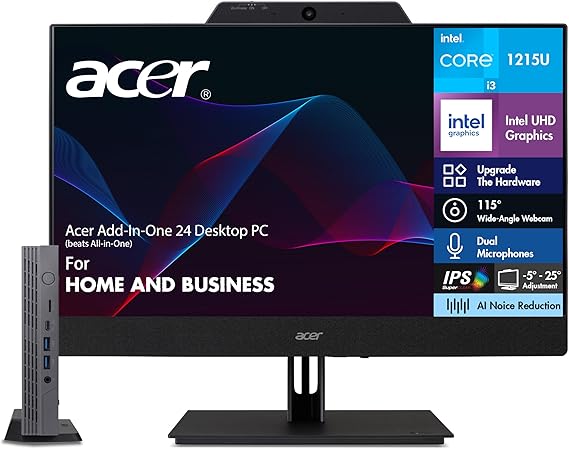 كمبيوتر مكتبي Acer Add-in-One 24 (يتفوق على الكل في واحد) للمنزل والأعمال، ويتضمن شاشة FHD IPS مقاس 24 بوصة مع مكبرات صوت/ميكروفون/كاميرا ويب، وChromebox CX15/i3-1215U/32GB DDR4/128GB eMMC SSD/نظام تشغيل كروم