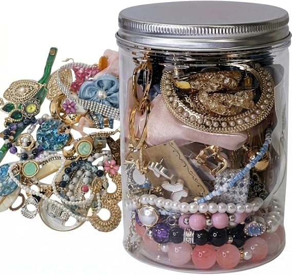 Jewelry Mystery jar|jewlery jar, Mystery Jewelry Vintage- Assorted Silver Earrings, Necklaces, Rings & Hair Clips - Transparent Jars with Metal Lid