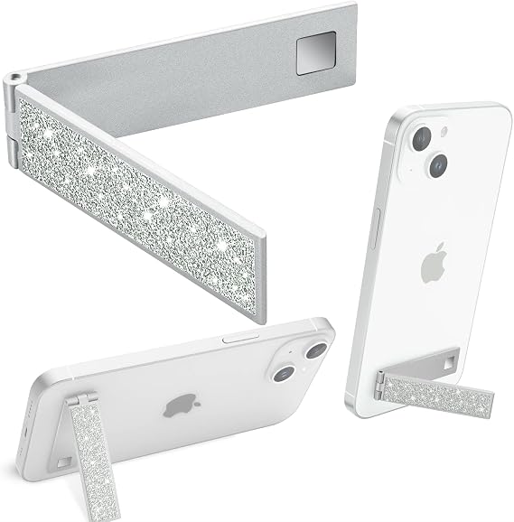 Mini Phone Kickstand, Folding Invisible Portable Metal Cell Phone Stand Holder for Desk, Compatible with iPhone, Samsung and All Cellphones, Glitter Silver