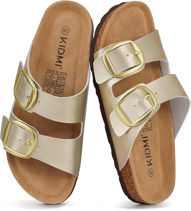 KIDMI Women's Cork Footbed Slide Sandals Comfortable Arch Support Outdoor Sandal with Big Adjustable Buckle for Summer