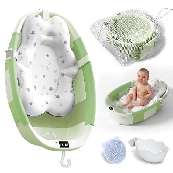 Collapsible Baby Bathtub - Large Baby Bath Tub with Thermometer | Bath Essential Banera para Bebe Easy Fold Baby Tub | Travel Infant Newborn Toddler Bathtub for Baby Girl Boy 0 to 36 Months(Green)