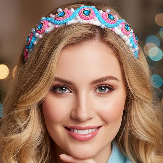 Fstrend Blue Heart Crystal Rhinestone Princess Headband, Sparkly Queen Crown Hair Accessory for Women Party Costume Cosplay
