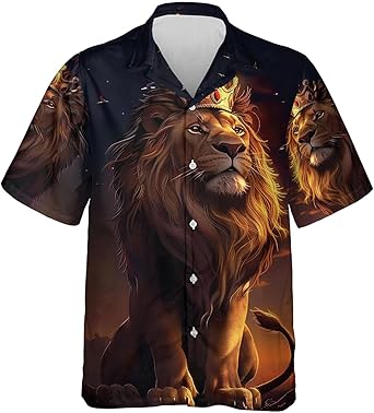 قميص Lion Lovers Hawaiian للرجال - طقم قمصان Mighty Lion كاجوال بأكمام قصيرة وأزرار للجنسين 22