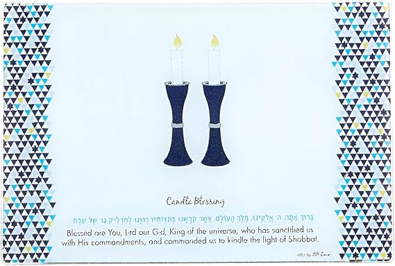 Rite Lite Tempered Glass Shabbat Candles Blessing Drip Tray | هدايا Shabbos اليهودية الفاخرة Hostess Hebrew Modern Centerpiece Decor Blue & White 11.75"