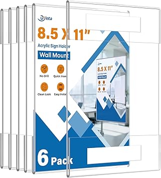 Dynta 6 Pack Acrylic Sign Holder 8.5 x 11 Wall Mount, Clear Plastic Frames with Adhesive Tape, Vertical Fly Holder for Office, Restaurant, School and Home, No Drilling Required