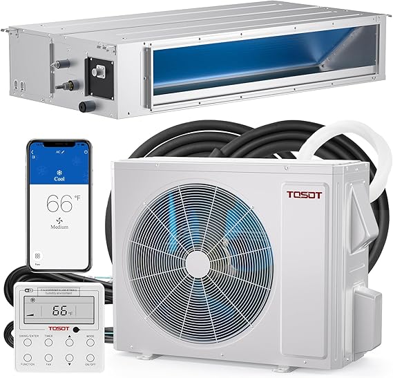 TOSOT 34،000 BTU مجاري الهواء ميني سبليت مكيف الهواء، مخفي مجاري الهواء مع المدمج في مضخة مياه ووحدة تحكم سلكية ذكية، 230 V، تدفق الهواء الكبير للاستخدام التجاري والسكني الخفيفة، سلسلة كوزمو