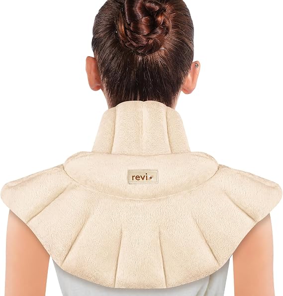 REVIX Microwavable Heating Pad for Neck Shoulders and Back, Weighted Microwave Heated Neck Wrap with Moist Heat for Muscle Tension, Unscented Neck Warmer, Soft Minky Fabric, Beige