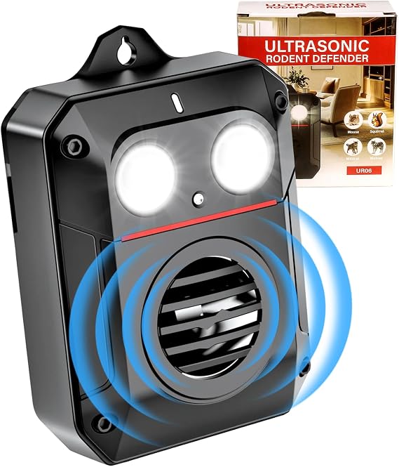 Ultrasonic Rodent Repeller for Car Engines, Sonic Mouse Repellent with Flashlight Sensor, Waterproof Battery Operated Mice Deterrent for Cars for Indoor,Garage,Auto,Against Rat,Squirrel,Skunk,Bat,Cats