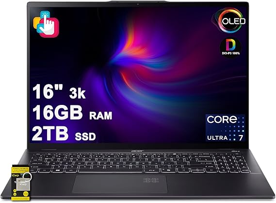 Acer Swift 16 AI Laptop 16" 3k OLED Touch (100% DCI-P3) Intel 8-core Ultra 7 Series 2 256V (Up to 47 Tops) 16GB RAM 2TB SSD for Creator Designer Business Professional Win11 ICP Hub