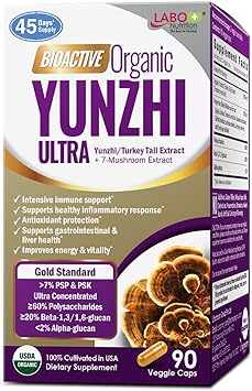 LABO Nutrition عضوي نشط بيولوجيًا Yunzhi/ذيل تركيا Ultra - 7 مكملات مستخلص الفطر، ذيل الديك الرومي Cordyceps Maitake Reishi Agaricus blazei Shiitake للمناعة بدون حشو نباتي وزارة الزراعة الأمريكية عضوي