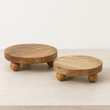 Set of 2 Round Wooden Riser Trays Handcrafted Mango Wood Pedestal Stands Rustic Decorative Home Decor for Modern Coffee Table, Kitchen, or Office 10", Brown