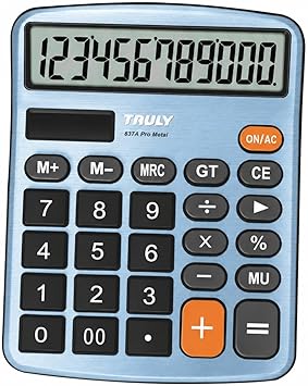 TRULY 12-Digit Desktop Calculator with Large Display, Big Buttons, Dual Power (Solar + Battery), Metal Finish, Ideal for Office, Home, School 837A Pro Light Blue