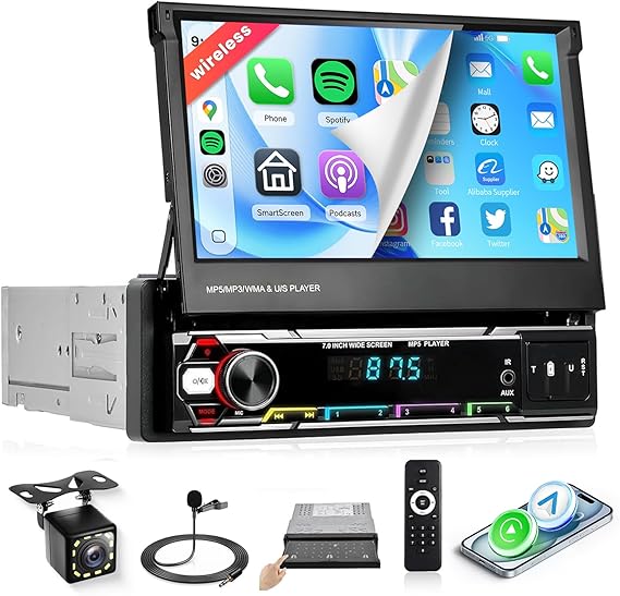 ستيريو سيارة لاسلكي CarPlay Single Din،راديو سيارة بلوتوث 5.1 AM/FM/RDS،شاشة لمس يدوية قابلة للطي مقاس 7 بوصات بدقة 1080 بكسل،Android Auto،10EQ، كاميرا احتياطية IP69k 12LED،GPS، SWC،MirrorLink، SWC، شحن سريع USB