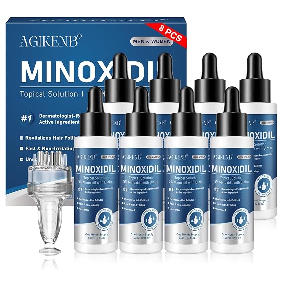 8 Pack 5% Minoxidil with Biotin Hair and Beard Growth Treatment for Men and Women, Liquid Minoxidil Solution for Thicker, Fuller Hair, 8 Month Supply