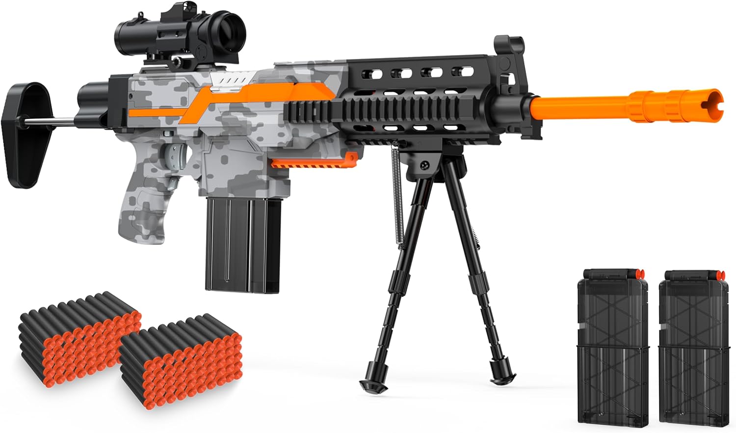 لعبة قناص بندقية أوتوماتيكية مع نطاق - 3 أوضاع لعبة رغوة بلاستر مع Bipod ، 2 مقاطع مجلة ، 100 رصاصة ، ألعاب DIY للأولاد عمر الأطفال 6-12 ، هدايا لعيد الهالوين عيد الميلاد