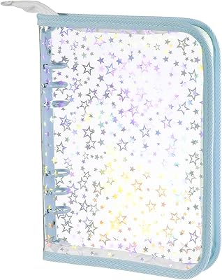 NEWEST A5 Budget Binder Cover with Zipper for Cash Budget System، Glitter Stars A5 6 Ring Binder Planner، Clear PVC Refillable Notebook Shell for Journal Albums Diary School Supplies، Blue