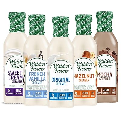 Walden Farms Coffee Creamers Variety Pack - Original, Sweet Cream, Mocha, Hazelnut & French Vanilla Zero Calorie, Dairy-Free, Low Carb, Keto-Friendly, Sugar-Free 5-Pack, 12 oz Bottles