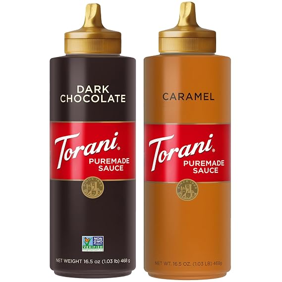 صلصة الكراميل والشوكولاتة الداكنة Torani 2-حزمة للحلويات ومشروبات القهوة ، 16.5 Oz Ea