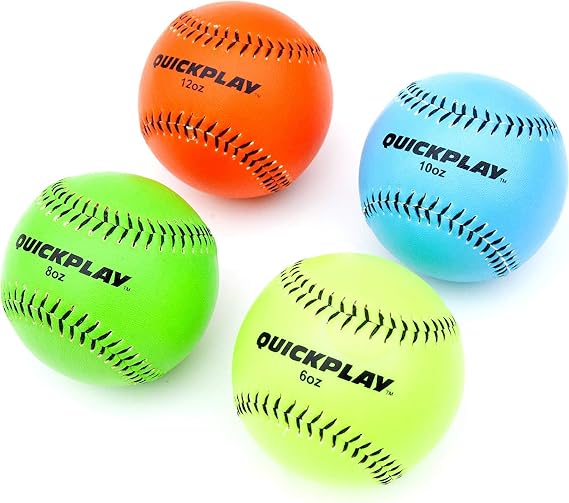 QUICKPLAY كرات البيسبول ذات الرمي المرجح | 4 عبوات (6 أوقية ، 8 أوقية ، 10 أوقية ، 12 أوقية) لتدريب القوة والسرعة | متينة للبيسبول والكرة اللينة