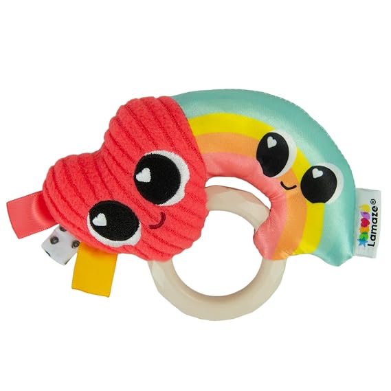 Lamaze Besties Baby Rattle Soft Rainbow Heart Baby Rattle with Silicone Ring Grip for Tummy Time Toys - Baby Valentine's Day Toys - Ages 0 Months and Up