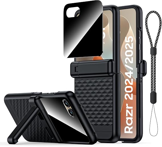 حافظة مقاومة للصدمات لهاتف Motorola Razr 2024/2025، حافظة هاتف Razr 2024/2025 [شاشة خصوصية خارجية] [مسند مخفي وغطاء مفصلي] [حماية عسكرية] غطاء متين وقوي لكامل الجسم (أسود)