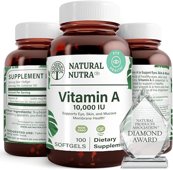 فيتامينات العين والجلد عالية الفعالية من Natural Nutra Vitamin A 10,000 IU مكملات فيتامين أ الخالية من الجلوتين لصحة البصر والبشرة زيت كبد السمك للرجال والنساء، خالية من الجلوتين 100 كبسولة هلامية