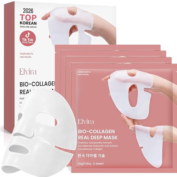 قناع Elvira Bio-Collagen Real Deep، قناع مرطب للوجه طوال الليل بحمض الهيالورونيك، قناع كوري للعناية بالبشرة وترطيبها وشدها، مجموعة أقنعة للوجه لجميع أنواع البشرة، عبوة من 4 قطع