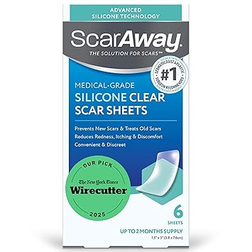 ScarAway Advanced Clear Silicone Scar Sheets، Medical Grade Silicone Strips 1.5 "x 3" Scar Treatment and Prevention for Surgical، Burn، Body، Hypertrophic & Keloid Scar Treatment، 6 Clear Sheets